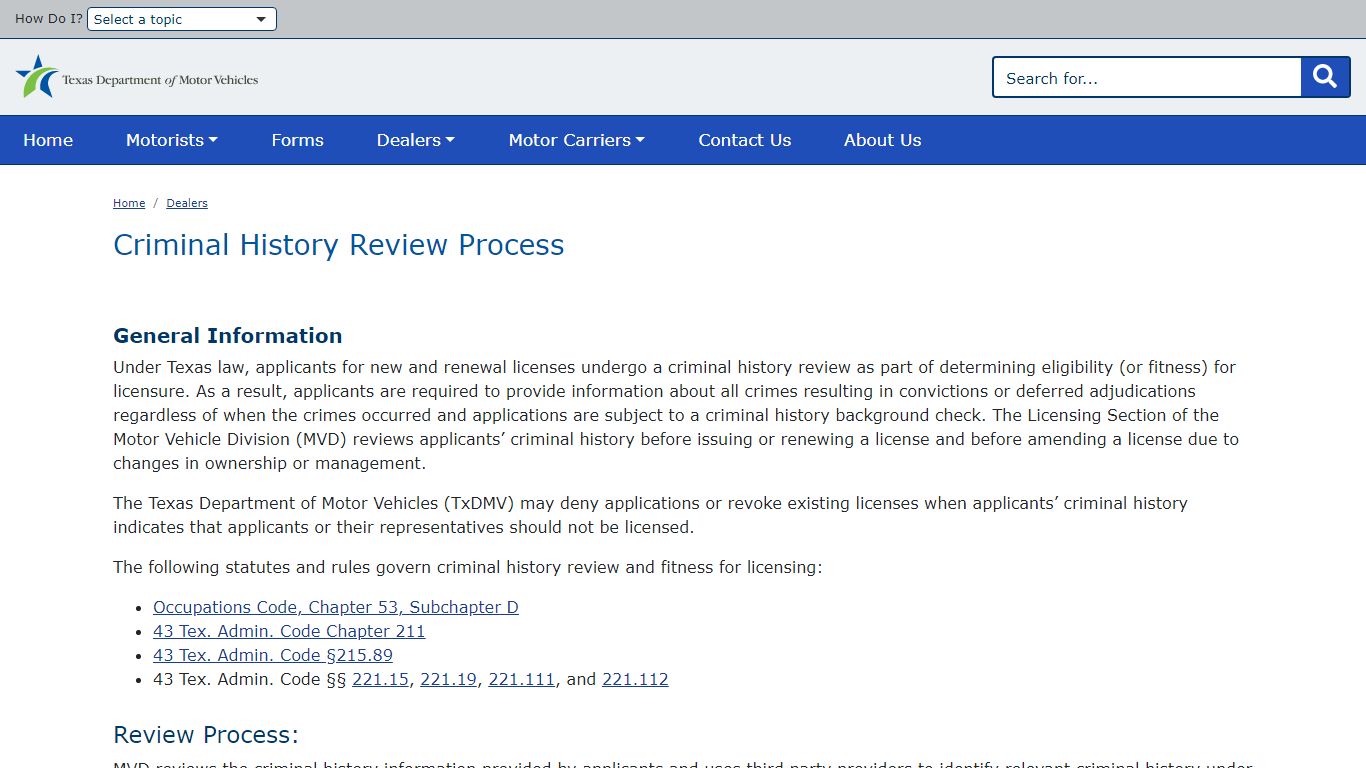 Criminal History Review Process | TxDMV.gov