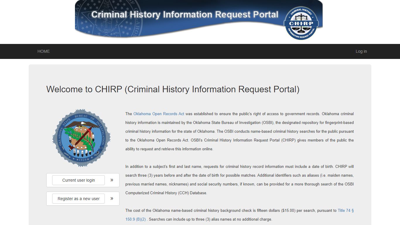 Welcome to CHIRP (Criminal History Information Request Portal)